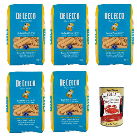 Italian Gourmet Internationale Nudeln De Cecco Sedani Rigati N°57, 100% Italienisch Pasta Nudeln 5x 500g + Italian Gourmet Polpa 400g 8032804040014