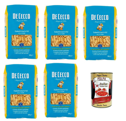 Italian Gourmet Internationale Nudeln De Cecco Tubetti Lisci N°62, 100% Italienisch Pasta Nudeln 5x 500g + Italian Gourmet Polpa 400g 8032804040014