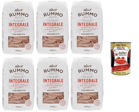 Italian Gourmet Internationale Nudeln Rummo Pasta Integrale Penne Rigate N°66,Vollkornnudeln Nudeln Vollkorn Italienische Pasta 6x 500g + Italian Gourmet polpa 400g 8032804040014