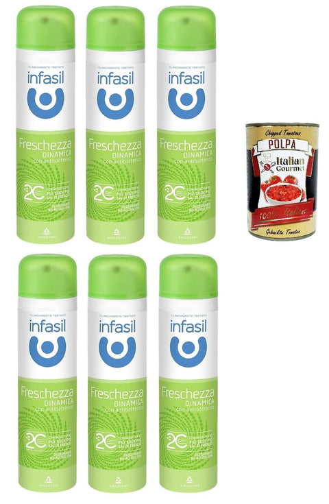 Italian Gourmet Intime Pflege & Hygiene Infasil Deospray für dynamische Frische mit Molekül 2C, ohne Alkohol, wirksam bis zu 24 Stunden, 6x 150 ml + Italian Gourmet polpa 400g 8032804040014