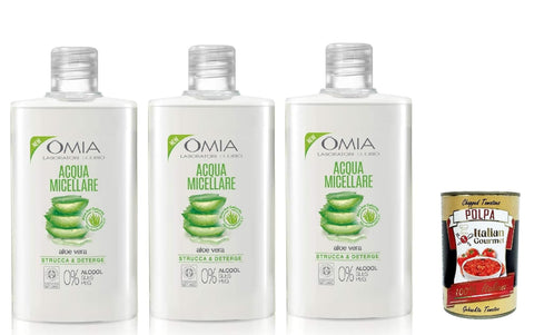 Italian Gourmet Intime Pflege & Hygiene Omia - Acqua Micellare Viso Aloe Vera, Feuchtigkeitsspenkel und Balancing -up entfernen für alle Hauttypen, 3x 400 ml + Italian Gourmet polpa 400g 8032804040014