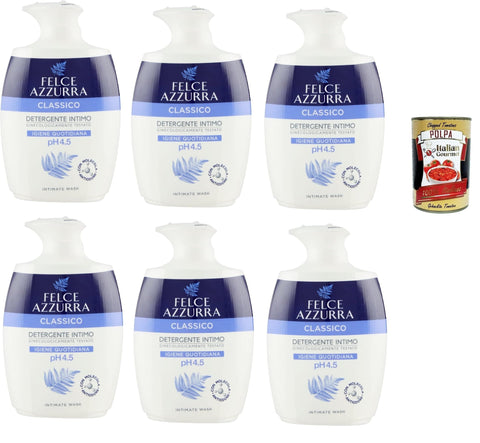 Italian Gourmet Intimpflege Felce Azzurra, Klassisches intimes Waschmittel für die tägliche intime Hygiene mit pH -Wert von 4,5, empfindliche Anti -Odor -Intimen -Seife, 6x 250 ml + italian Gourmet polpa 400g 8032804040014