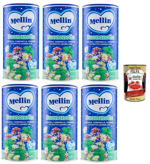 Mellin Goodnight Lösliche Kamille, Kamille, Zitronenmelisse, Eisenkraut mit körnigem Extrakt 200gr 6x Original italienisch inkl. Italian Gourmet Polpa 400g