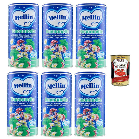 Mellin Goodnight Lösliche Kamille, Kamille, Zitronenmelisse, Eisenkraut mit körnigem Extrakt 200gr 6x Original italienisch inkl. Italian Gourmet Polpa 400g