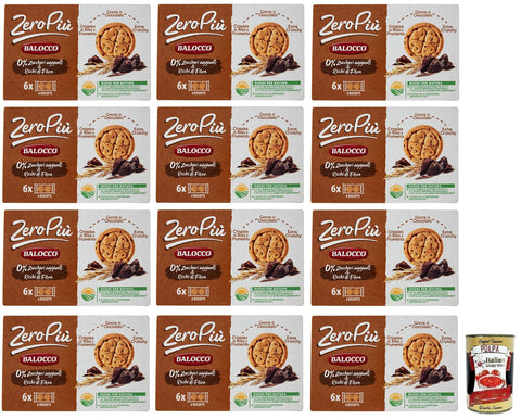 Italian Gourmet Kekse 12x Balocco Zero Più Biscotti Ohne Zuckerzusatz,Kekse mit Reis- und Weizencrispies,Schokoladentropfen und Extra Crunchy 210g + Italian Gourmet Polpa di Pomodoro 400g Dose 8001100071046