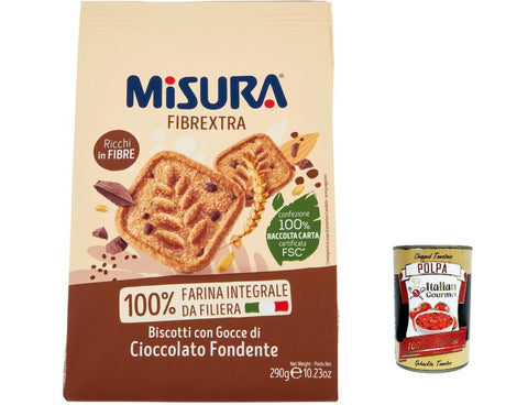 Italian Gourmet Kekse 12x Misura Biscotti Integrali Fibrextra Vollkorn kekse mit dunklen Schokoladentropfen, 100 % Vollkornmehl, reich an Ballaststoffen, 290 g+ italian Gourmet polpa 400g 8002590076412