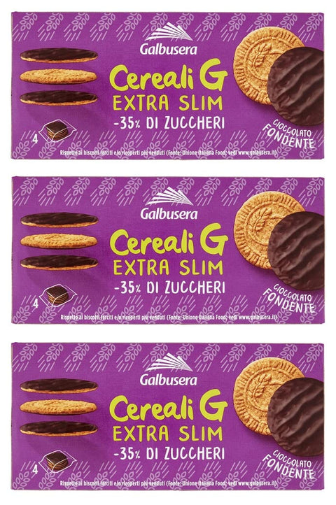 Italian Gourmet Kekse 3x Galbusera Cereali G Extra Slim Fondente Müslikekse Kekse aus Getreide Umhüllt von Dunkler Schokolade Packung à 120g, jede Packung enthält 4 Einzelportionen à 30g 8002190006543