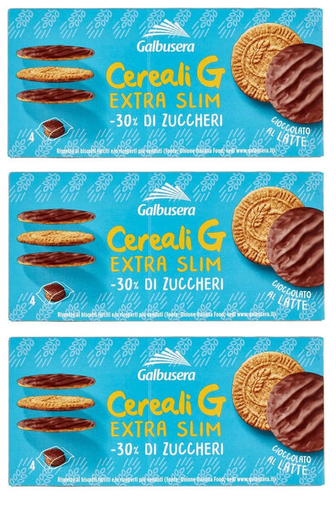 Italian Gourmet Kekse 3x Galbusera Cereali G Extra Slim Latte Müslikekse Kekse aus Getreide Umhüllt von Milchschokolade Packung à 120g, jede Packung enthält 4 Einzelportionen à 30g 8002190006536