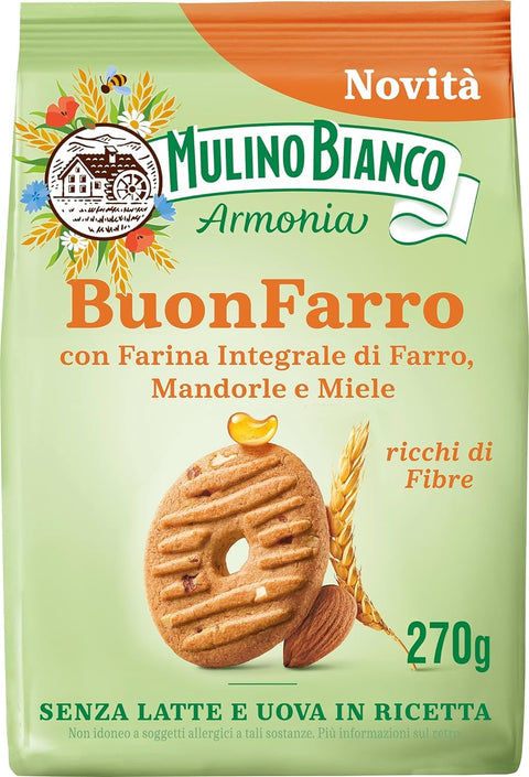 Mulino Bianco BuonFarro, Kekse, Mürbeteigkekse mit Dinkelvollkornmehl, Mandeln und Honig, 270 g italienisch Original