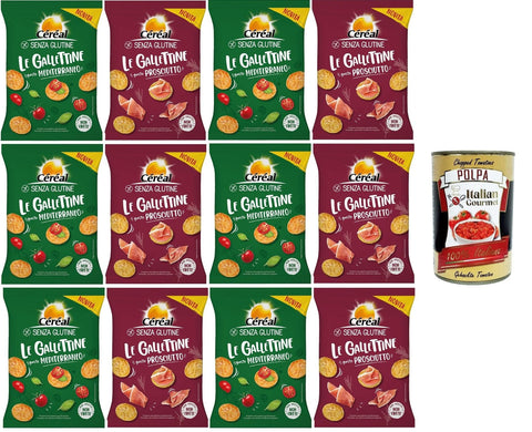 Italian Gourmet Kekse Céréal Testpaket Le gallettine Gusto prosciutto & Gusto Mediterraneo Kekse mit Schinkengeschmack und mit mediterranem Geschmack 12x70gr + Italian Gourmet polpa 400g 8032804040014