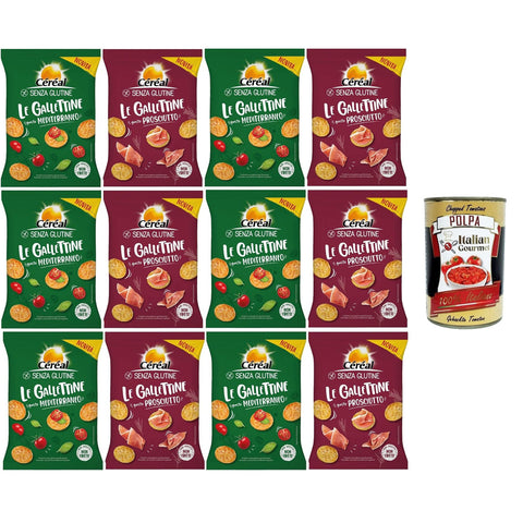 Céréal Testpaket Le gallettine Gusto prosciutto & Gusto Mediterraneo Kekse mit Schinkengeschmack und mit mediterranem Geschmack 12x70 gr italienisch Original