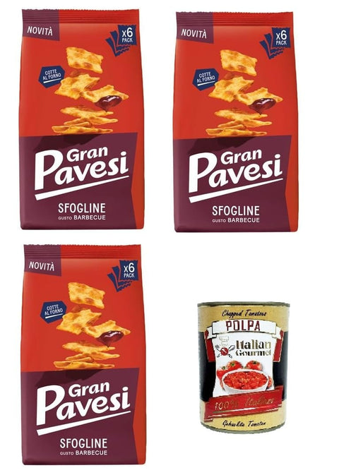 Italian Gourmet Kekse Gran Pavesi Sfogline Snack croccante di pasta sfoglia al gusto di Barbecue Knuspriger Blätterteig-Snack mit Barbecue-Geschmack 3x 180gr+ Italian Gourmet Polpa di Pomodoro 400g 8032804040014