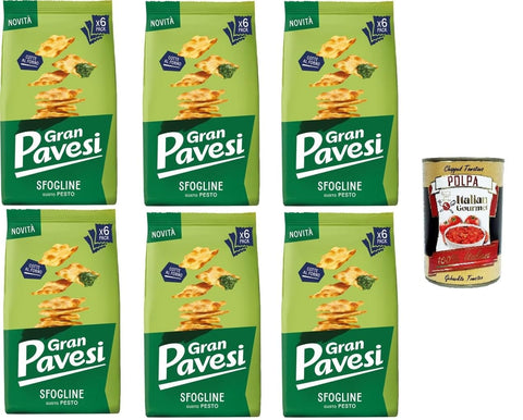 Italian Gourmet Kekse Gran Pavesi Sfogline Snack croccante di pasta sfoglia al gusto di Pesto Sfogline Knuspriger Blätterteig-Snack mit Pesto-Geschmack, gebacken 6x180gr + Italian Gourmet Polpa di Pomodoro 400g 8032804040014
