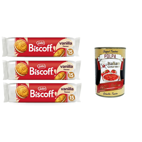 Lotus Biscoff Biscotto Sandwich con Ripieno al Gusto Vaniglia Sandwichkeks mit Vanillefüllung | 15 Kekse pro Packung 3x150 g italienisch Original + kostenlos polpa