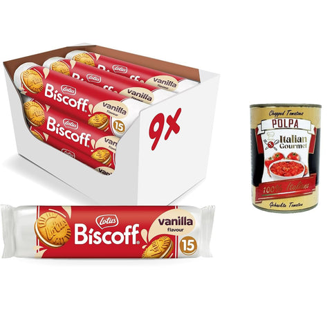 Lotus Biscoff Biscotto Sandwich con Ripieno al Gusto Vaniglia Sandwichkeks mit Vanillefüllung | 15 Kekse pro Packung 9 x 150 g italienisch Original