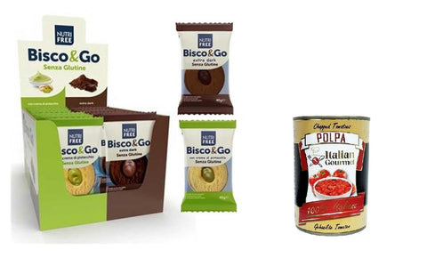 Italian Gourmet Kekse NutriFree Box Bisco&Go Biscotti senza glutine Pistacchio e Cioccolato extra Dark Glutenfreie Kekse mit Pistazien und extra dunkler Schokolade 640gr (16x40gr)+ Italian Gourmet polpa 400g 8032804040014