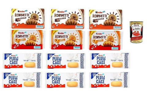 Italian Gourmet Kekse Testpaket Kinder neu Kuchen Kornetti Kakao und Apikose Plum cake Yougurt + Italian Gourmet polpa 400g