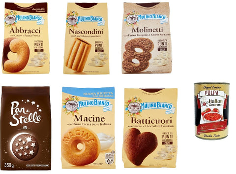 Italian Gourmet Kekse Testpaket Mulino Bianco Italian Classic Shortbread-Kekse mit Kakao und frischer Sahne, ohne Palmöl, geschmacksintensives Frühstück 5x 350 g 1x 330g + Italian gourmet polpa 400g 8076809505918
