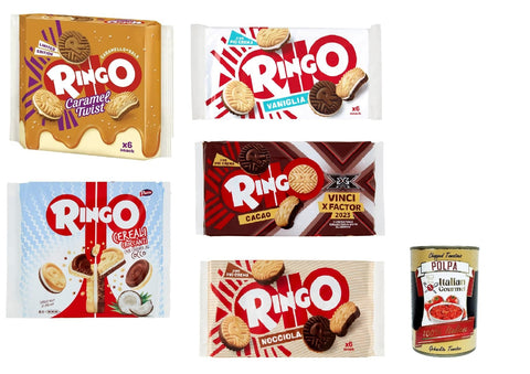 Italian Gourmet Kekse Testpaket Ringo Vaniglia Cacao Cereali Caramello Nocciola 3x 330g 5 st. Kakao Vanille Kekse Biscuits Cookies + Italian gourmet polpa 400g 8013355501759