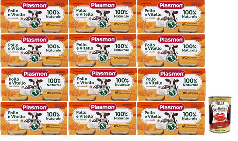 Italian Gourmet Kekse, Zwieback & Chips Plasmon Carne Pollo Vitello e cereale 12x (2x80g) Mit italienischem Fleisch, 100% natürlich, ohne Stärken und Räume hinzugefügt + Italian Gourmet polpa 400g 8032804040014