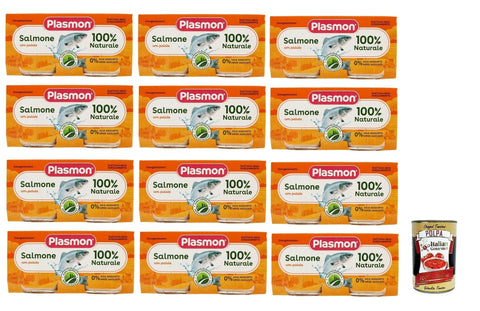 Italian Gourmet Kekse, Zwieback & Chips Plasmon Pesce Salmone con Patate, 12x (2x 80g) , Mit ausgewählten Zutaten, 100% natürlich, Ohne Stärken und Salz hinzugefügt + Italian Gourmet polpa 400g 8032804040014