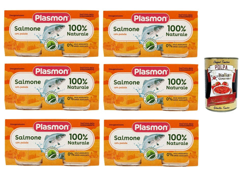 Italian Gourmet Kekse, Zwieback & Chips Plasmon Pesce Salmone con Patate, 6x (2x 80g) , Mit ausgewählten Zutaten, 100% natürlich, Ohne Stärken und Salz hinzugefügt + Italian Gourmet polpa 400g 8032804040014