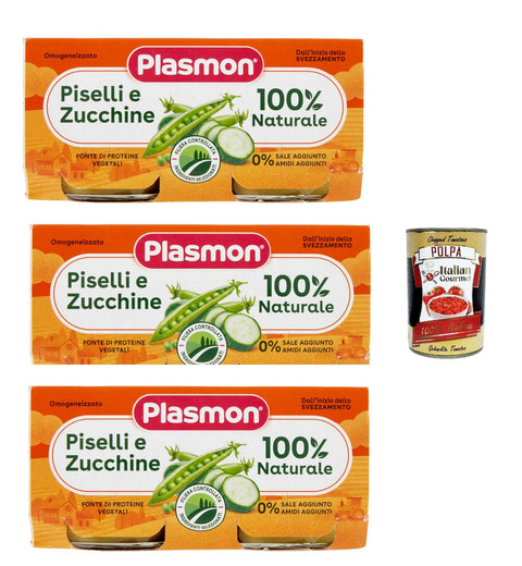 Italian Gourmet Kekse, Zwieback & Chips Plasmon Piselli e Zucchine, 3x (2x 80g) , Mit ausgewählten Zutaten, 100% natürlich, Ohne Stärken und Salz hinzugefügt + Italian Gourmet polpa 400g 8032804040014