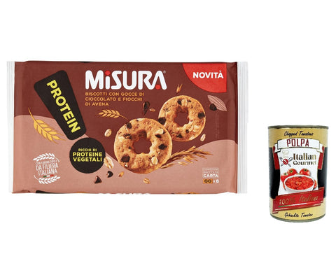 Italian Gourmet Knabberartikel 12x Misura Protein Kekse mit Schokoladenstückchen und Haferflocken | Reich an pflanzlichen Proteinen | Italienisches Mehl, biscuits cookies 260g + Italian Gourmet polpa 400g 8002590081829