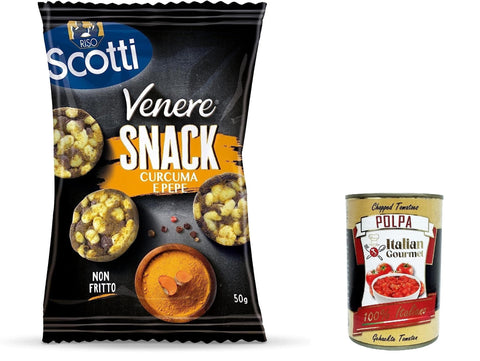 Italian Gourmet Knabberartikel 12x Riso Scotti Venere Snack Kurkuma und Pfeffer, brauner Reis, knuspriger und leckerer, nicht frittierter Snack für Pausen und Aperitifs, glutenfrei, 50 g + Italian Gourmet polpa 400g 8001860185052