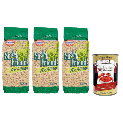 Cameo Snack Friends Arachidi Geröstete und Gesalzene Erdnüsse Vakuumverpackungen 1 Kg 3x italienisch Original Pastasauce + kostenlos Polpa di Pomodoro 400 g Dose
