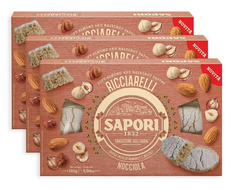 Italian Gourmet Knabberartikel 3x Sapori Ricciarelli Nocciola Haselnuss-Feine und schmackhafte Haselnüsse, aromatische und knackige Mandeln 140gr+ Italian Gourmet polpa 400g 8002590084608