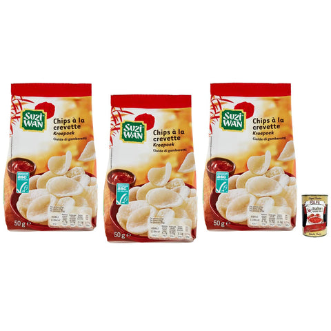 Suzi Wan Cialde di Gamberetti Garnelen Waffel Knusprige Waffeln aus Tapiokamehl und Garnelen Beutel 50 g 3x italienisch Original Pastasauce + kostenlos Polpa di