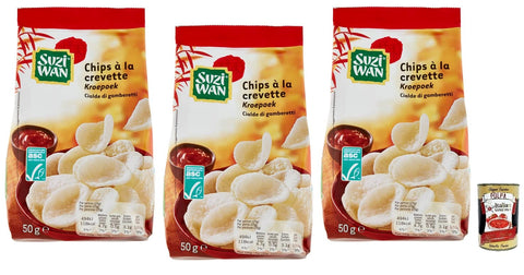 Suzi Wan Cialde di Gamberetti Garnelen Waffel Knusprige Waffeln aus Tapiokamehl und Garnelen Beutel 50 g 3x italienisch Original Pastasauce + gratis Polpa di
