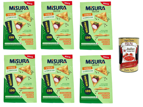 Misura Protein Sfoglie con semi di Chia Protein-Puffs mit Chia-Samen abmessen 6x170 g italienisch Original Pastasauce + gratis Polpa di Pomodoro 400 g