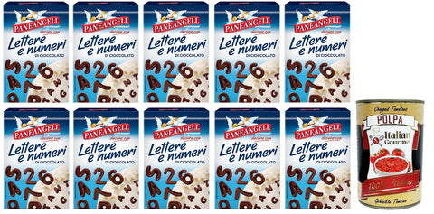 Italian Gourmet Koch- & Backzutaten 10x Paneangeli Lettere e Numeri di Cioccolato,Buchstaben und Zahlen aus Schokolade zum Dekorieren von Desserts,60g-Packung + Italian Gourmet Polpa di Pomodoro 400g Dose 8003000360909