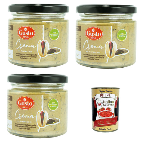 Etna-Pistaziencreme mit sizilianischen Pistazien und dunklen Körnern auf Basis von 100% Modica-Schokolade 3x190 g italienisch Original Pastasauce + kostenlos polpa