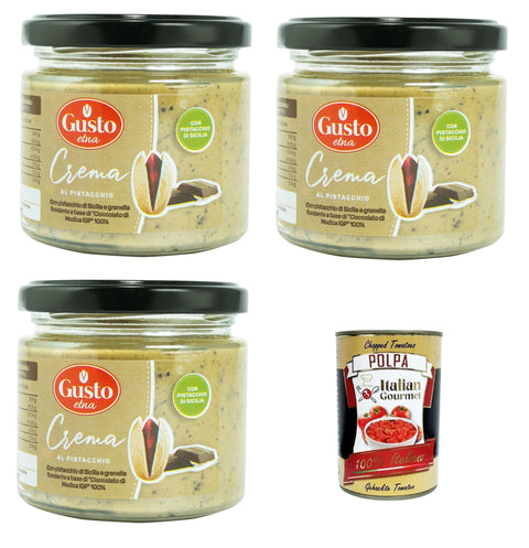 Italian Gourmet Koch- & Backzutaten Etna-Pistaziencreme mit sizilianischen Pistazien und dunklen Körnern auf Basis von 100% Modica-Schokolade 3x190gr + Italian Gourmet polpa 400g 8032804040014