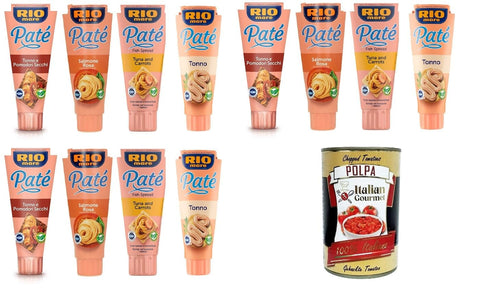 Italian Gourmet Koch- & Backzutaten Rio Mare- Testpaket Patè Thunfischpastete, Thunfisch und getrocknete Tomaten, Lachs, Thunfisch und Karotten 12x100gr + Italian Gourmet polpa 400g 8032804040014