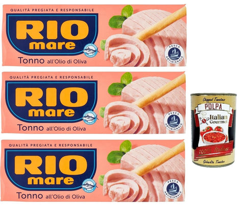 Italian Gourmet Koch- & Backzutaten Rio Mare Tonno all' olio di oliva , tuna in olive oil 3x 195g (3x 65g) Thunfisch in Olivenöl, Hochwertiger Gelbflossen-Thunfisch + Italian Gourmet polpa 400g 8032804040014