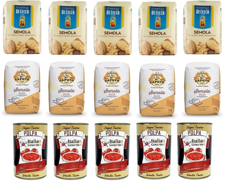 Italian Gourmet Koch- & Backzutaten Testpaket Hartweizengrieß - Semola di Grano Duro De Cecco 5x 1kg 5x 1Kg Caputo und Italian Gourmet Polpa di pomodoro Fein gehacktes Tomatenmark 5x 400g 8032804040014