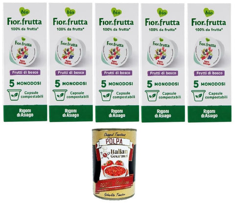 Italian Gourmet Konfitüren Rigoni di Asiago Fior di Frutta Confettura Frutti di Bosco 5 monodosi Fior di Frutta Wildbeermarmelade 5 Einzeldosen 5x100gr+Italian Gourmet Polpa di Pomodoro 400gr 8032804040014