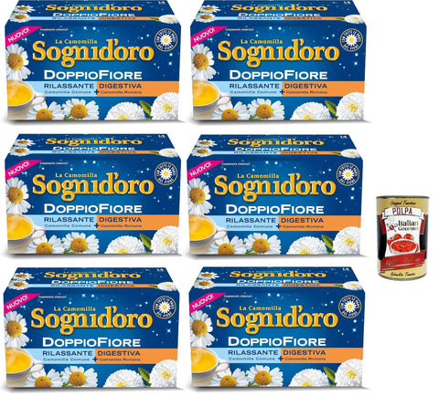 Italian Gourmet Kräutertee Sogni d'oro Camomilla, Doppio fiore, Doppelte entspannende Blume und Verdauung 14 Filter, Goldfarbe, 6x 25,2 g + Italian Gourmet polpa 400g 8032804040014