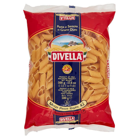 Divella Mezze Penne Rigate N. 42 Hartweizengrieß Pasta Italienische Nudeln Packung 24x500g Original italienisch