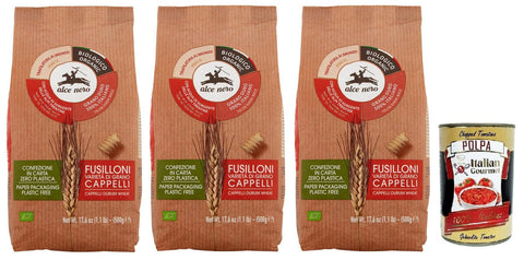 Italian Gourmet Kurze Pasta 3x Alce Nero Pasta Fusilloni,Bio-Hartweizen Nudeln,Mit Bio-Cappelli-Hartweizen,Angebaut in Italien,Packung mit 500g + Italian Gourmet Polpa di Pomodoro 400g Dose 8009004809635