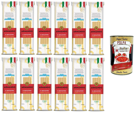 Italian Gourmet Kurze Pasta Armando Il Bucatino, Pasta di semola di grano duro trafilata al bronzo,Il Bucatino, Nudeln aus Hartweizengrieß aus Bronze gezogen 12x500gr + Italian Gourmet polpa 400g 8032804040014