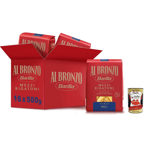 Barilla Pasta Al Bronzo Mezzi Rigatoni 100% italienischer Weizen, Bronze Zeichnungsnudeln mit roher Bronzeverarbeitung 16x500g Original italienisch