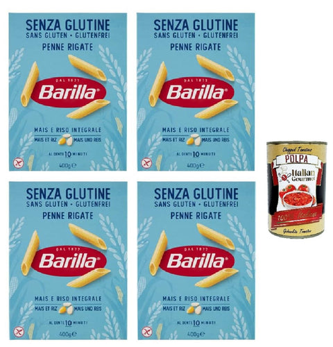 Italian Gourmet Kurze Pasta Barilla Pasta Penne Rigate Senza Glutine,Glutenfreie Nudeln aus weißem Mais, gelbem Mais und braunem Reis 4x 400g + Italian Gourmet polpa 400g