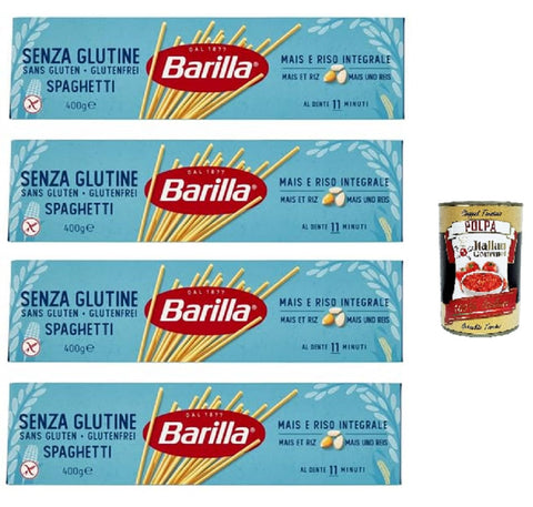 Italian Gourmet Kurze Pasta Barilla Pasta Spaghetti Senza Glutine,Glutenfreie Nudeln aus weißem Mais, gelbem Mais und braunem Reis 4x 400g + Italian Gourmet polpa 400g