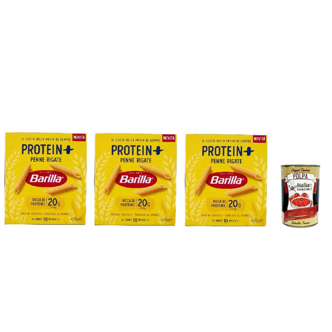 Italian Gourmet Kurze Pasta Barilla Protein+ Penne Rigate 400gr, Pasta reich an pflanzlichem Protein, 3x 400 g + Italian Gourmet polpa 400gr 8032804040014