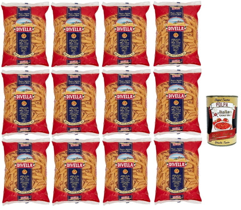 Italian Gourmet Kurze Pasta Divella Pasta 100% Italienisch Mezze penne rigate 42, Nudeln aus Hartweizengrieß, Kochen 11 Minuten 12x 500g + Italian Gourmet polpa 400g 8032804040014